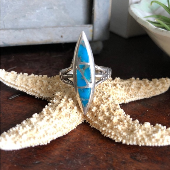 Blue Turquoise Inlay and Silver Ring Zuni Inlay Unisex Style 8.5 - Picture 5 of 9